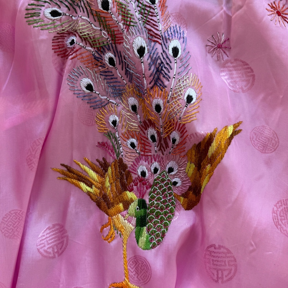 Vintage Pink Embroidered Peacock Satin Robe - Picture 8 of 14